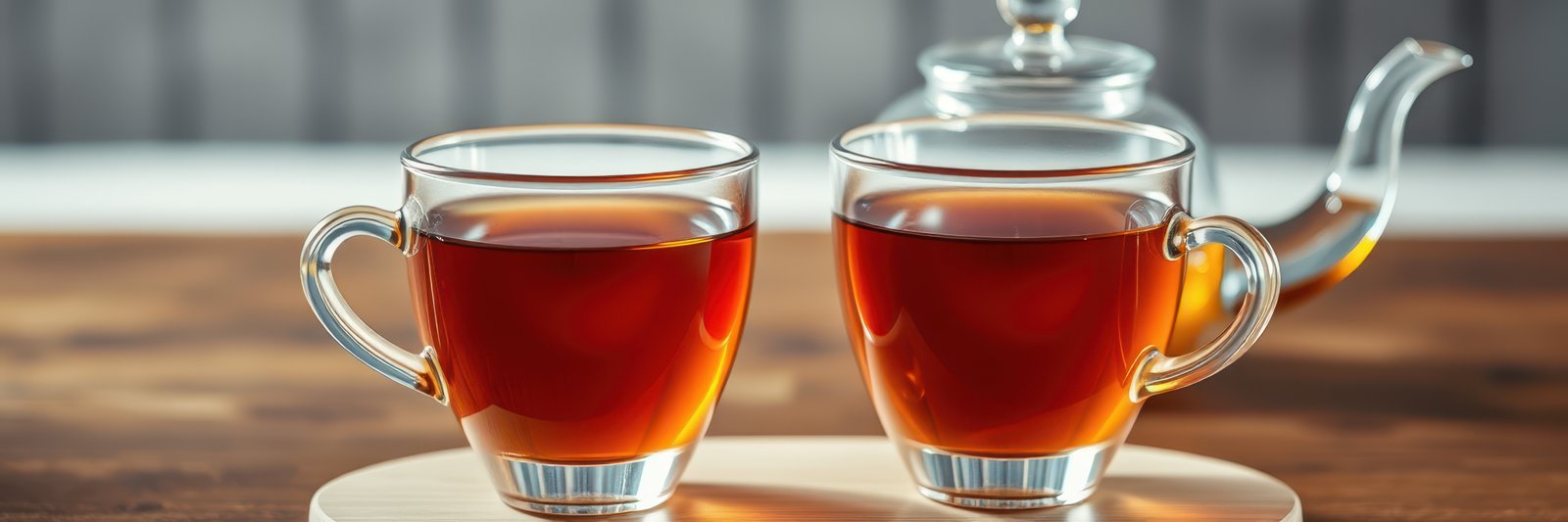 Enjoying tea from glass cups beside a teapot on a wooden surface in a cozy setting